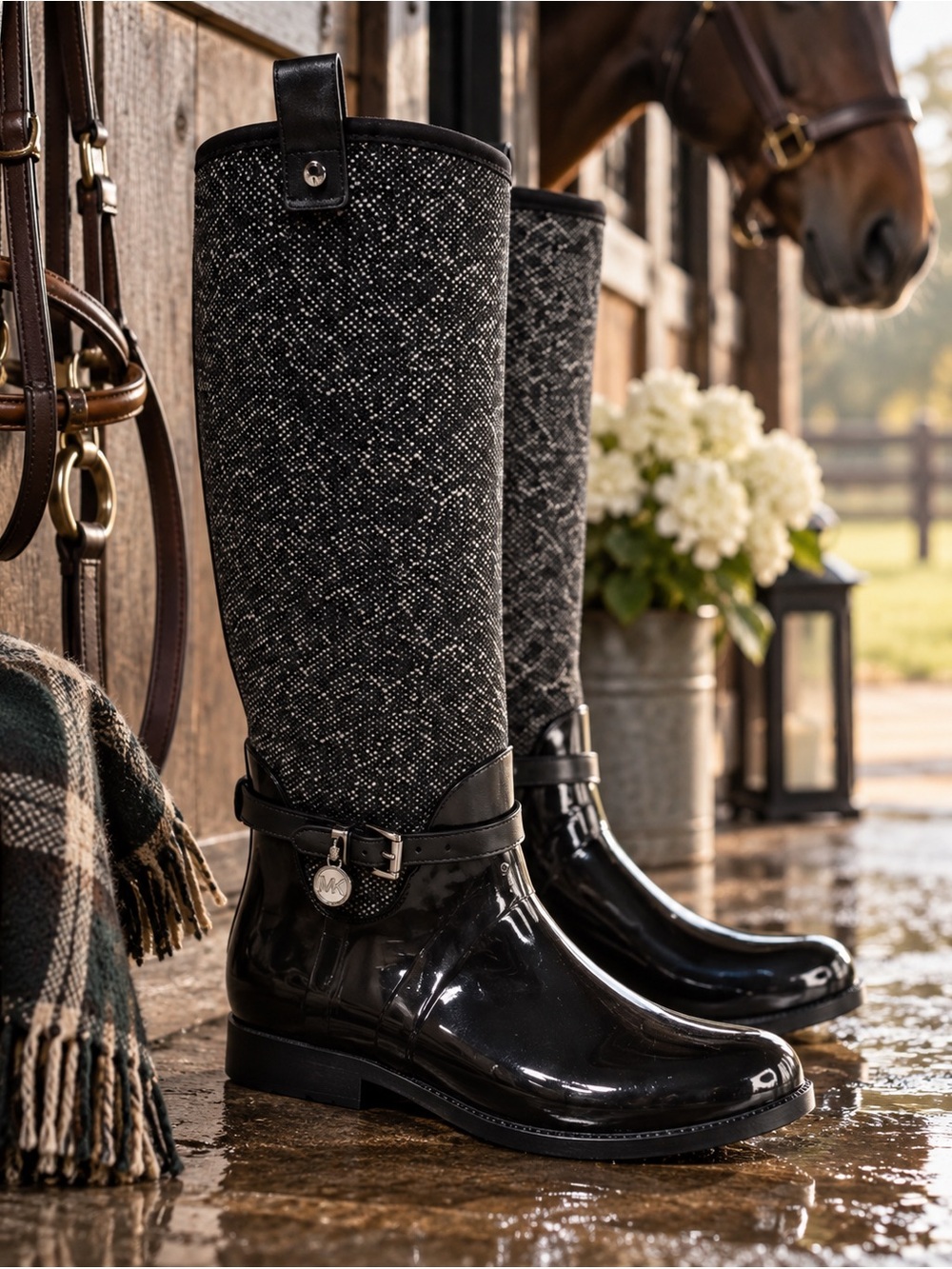 Michael Kors Tall Stretch Black Rain Boots Size 6